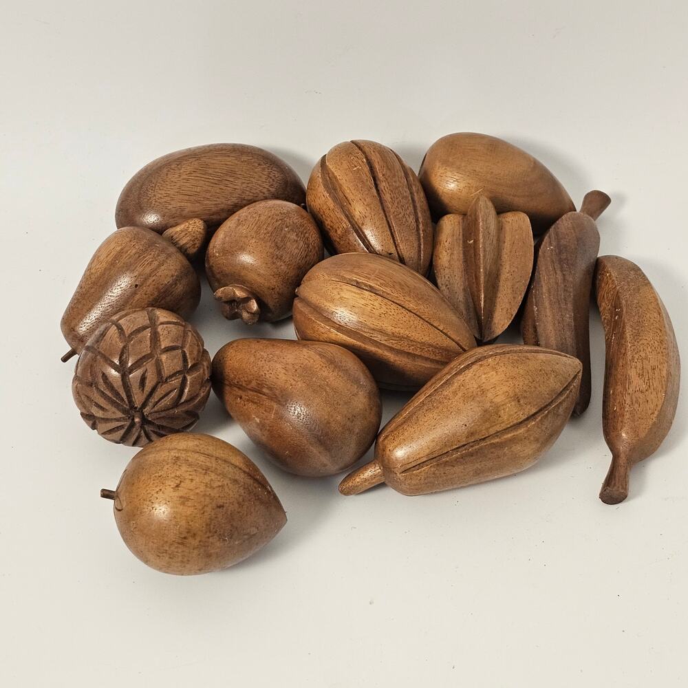Vintage Monkey Pod Wood Carved Fruit & Nut Set 13 Pieces